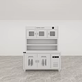 White Kitchen Appliance Cabinet With Glass Doors Drawers And Simple Design On Gray Marble Floor