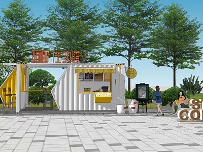 Yellow Container Building Food Stall With Trees Plaza Pedestrians And Menu Board 3d model