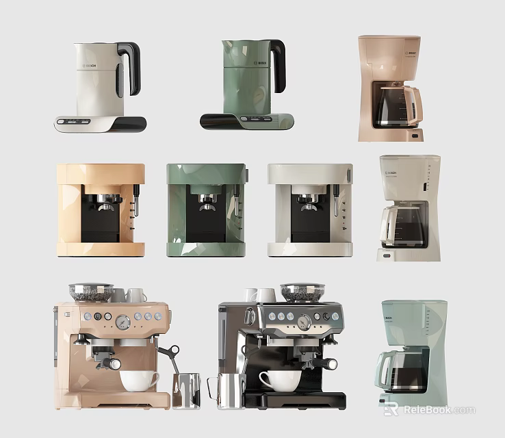 Stylish Kitchen Appliances Including Various Coffee Makers With Different Colors And Modern Designs 3d model 