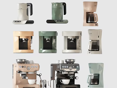 Stylish Kitchen Appliances Including Various Coffee Makers With Different Colors And Modern Designs 3d model