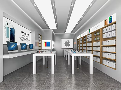 Digital Store Interior With Display Tables Shelves And Apple Electronics Products Displayed 3d model