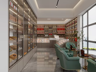 Modern Liquor Store Featuring Glass Display Cabinets Red White Wines Green Sofas And Marble Flooring 3d model