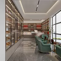 Modern Liquor Store Featuring Glass Display Cabinets Red White Wines Green Sofas And Marble Flooring