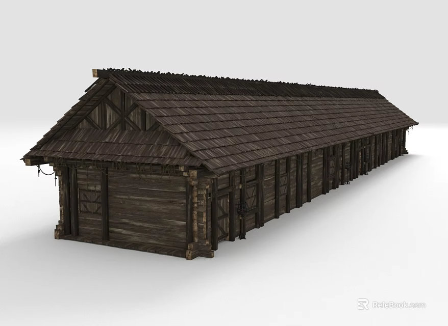Rustic Wooden House Exterior With Traditional Design Dark Brown Roof And Long Structure 3d model 
