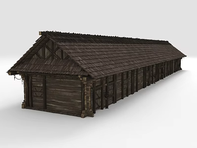 Rustic Wooden House Exterior With Traditional Design Dark Brown Roof And Long Structure 3d model