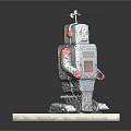 Vintage Robot Toy Figure With Red Arms Control Panel And Antenna On Base
