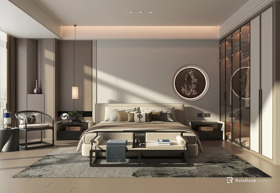 Modern Bedroom Interior Design With Bed Nightstands Area Rug And Decorative Painting 3d model 