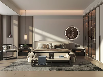 Modern Bedroom Interior Design With Bed Nightstands Area Rug And Decorative Painting 3d model
