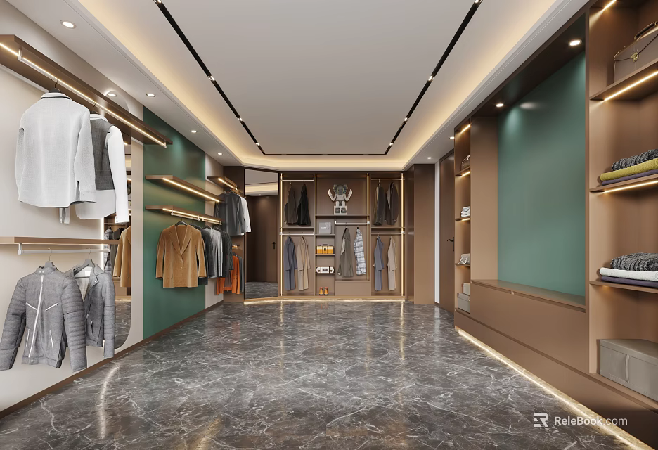 Modern Walk in Closet With Hanging Clothes Shelves And Marble Floor 3d model 