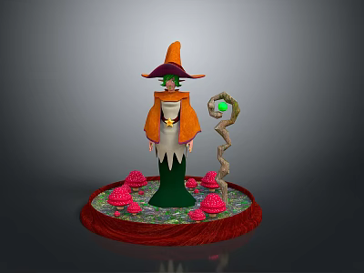 3D Wizard Character With Orange Hat Green Gem Staff And Red Mushrooms On Red Base 3d model