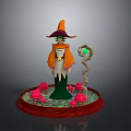 3D Wizard Character With Orange Hat Green Gem Staff And Red Mushrooms On Red Base
