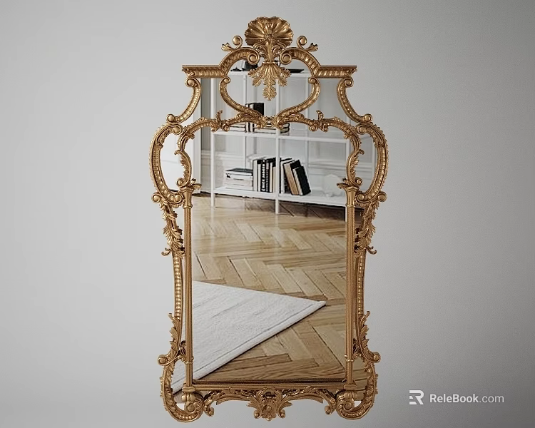 Elegant Classic Mirror With Ornate Gold Frame Reflecting Herringbone Wooden Floor And White Bookshelf 3d model 