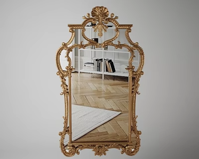 Elegant Classic Mirror With Ornate Gold Frame Reflecting Herringbone Wooden Floor And White Bookshelf 3d model