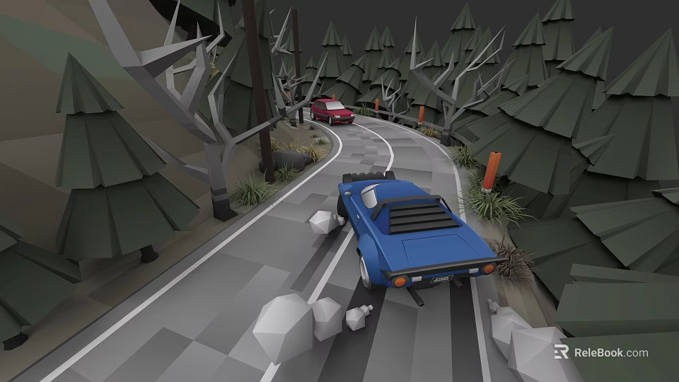 Blue And Red Sports Cars Driving On Winding Forest Road With Trees And Rocks 3d model 