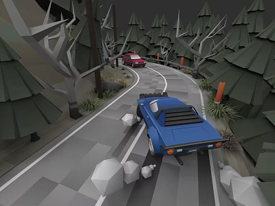 Blue And Red Sports Cars Driving On Winding Forest Road With Trees And Rocks 3d model