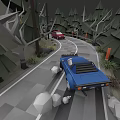 Blue And Red Sports Cars Driving On Winding Forest Road With Trees And Rocks