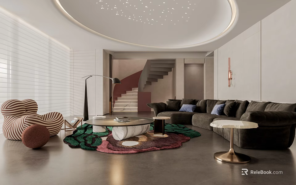 Elegant Modern Living Room Interior With Dark Sofa Coffee Table And Colorful Area Rug 3d model 