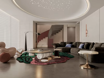 Elegant Modern Living Room Interior With Dark Sofa Coffee Table And Colorful Area Rug 3d model