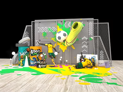 Vibrant Soccer Setup With Ball Yellow Sneaker Gatorade And Paint Splashes On Floor 3d model