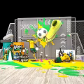 Vibrant Soccer Setup With Ball Yellow Sneaker Gatorade And Paint Splashes On Floor