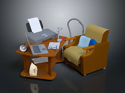 Wooden Display Shelf With Office Supplies Printer Laptop Desk Lamp And Papers 3d model
