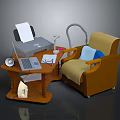 Wooden Display Shelf With Office Supplies Printer Laptop Desk Lamp And Papers