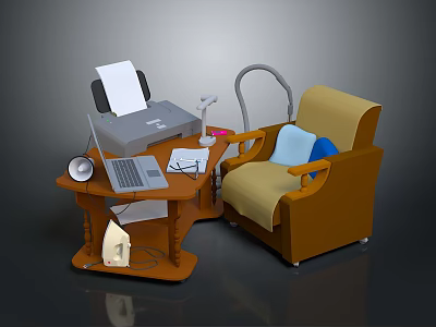 Wooden Display Shelf With Office Supplies Printer Laptop Desk Lamp And Papers 3d model