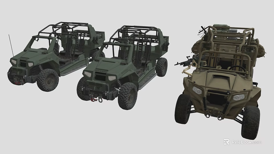 Military Utility Vehicles With Open Structure Off Road Tires And Mounted Machine Gun 3d model 