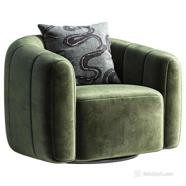 Green Velvet Single Seater Sofa With Rounded Arms And Snake Pattern Cushion 3d model 
