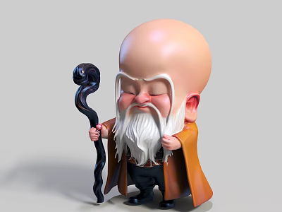 Cartoon Elderly Doll With Bald Head Long White Beard Orange Robe And Black Curved Staff 3d model
