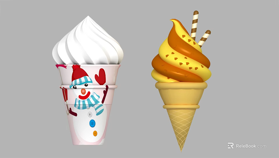 Cup And Cone Ice Cream With Snowman Design Yellow Swirl And Striped Sticks 3d model 