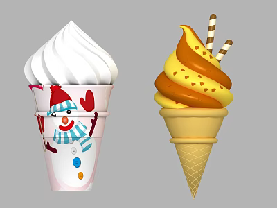 Cup And Cone Ice Cream With Snowman Design Yellow Swirl And Striped Sticks 3d model