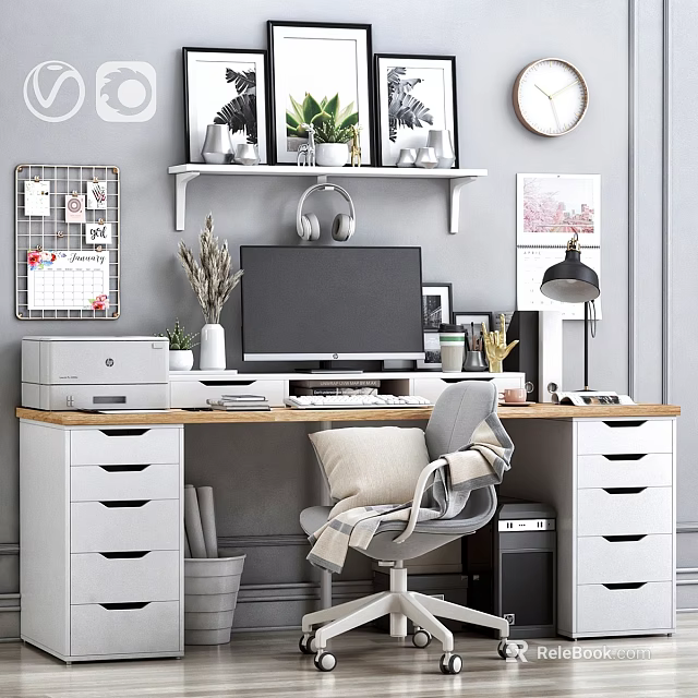 Modern Home Office Desk And Chair Set With Computer Monitor Lamp Plants And Wall Shelves 3d model 