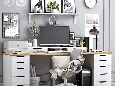 Modern Home Office Desk And Chair Set With Computer Monitor Lamp Plants And Wall Shelves 3d model