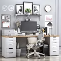 Modern Home Office Desk And Chair Set With Computer Monitor Lamp Plants And Wall Shelves