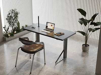 Modern Minimalist Black Home Office Desk With Comfortable Chair For Cozy Bright Indoor Working Setup 3d model