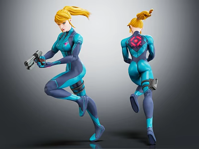 Dynamic Female Character In Blue Bodysuit With Blonde Hair Blaster Back Emblem And Dual Views 3d model