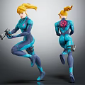 Dynamic Female Character In Blue Bodysuit With Blonde Hair Blaster Back Emblem And Dual Views
