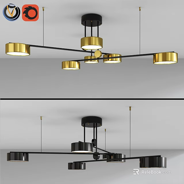 Modern Black and Gold Metal Ceiling Light with Multiple Circular Lights Design 3d model