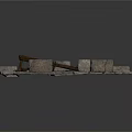Rustic Wooden Bench in Stone Structure with Dirt Ground and Scattered Debris