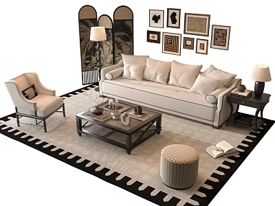 Modern Beige Sofa And Coffee Table Set With Decorative Paintings Floor Lamp And Rug 3d model