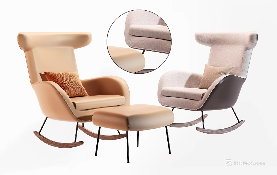 Modern Leisure Rocking Chairs With Padded Cushions And Matching Ottoman 3d model 