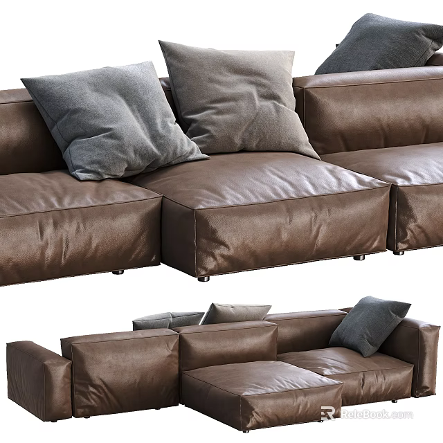 Brown Leather Sectional Sofa With Gray Pillows For Modern Living Room 3d model 