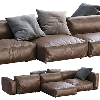 Brown Leather Sectional Sofa With Gray Pillows For Modern Living Room 3d model