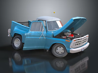 Vintage Blue Pickup Truck With Open Hood And Exposed Engine 3d model