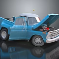 Vintage Blue Pickup Truck With Open Hood And Exposed Engine