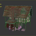 Medieval Style House With Red Tiled Roof Chimney Wooden Frame Porch And Barrels