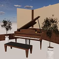 Elegant Wooden Grand Piano With Matching Bench Potted Trees Against Wall Under Blue Sky