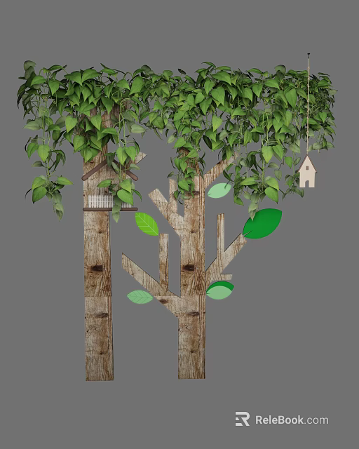 Natural Wooden Tree Trunk Wall Decor With Green Leaves And Hanging Birdhouses 3d model 