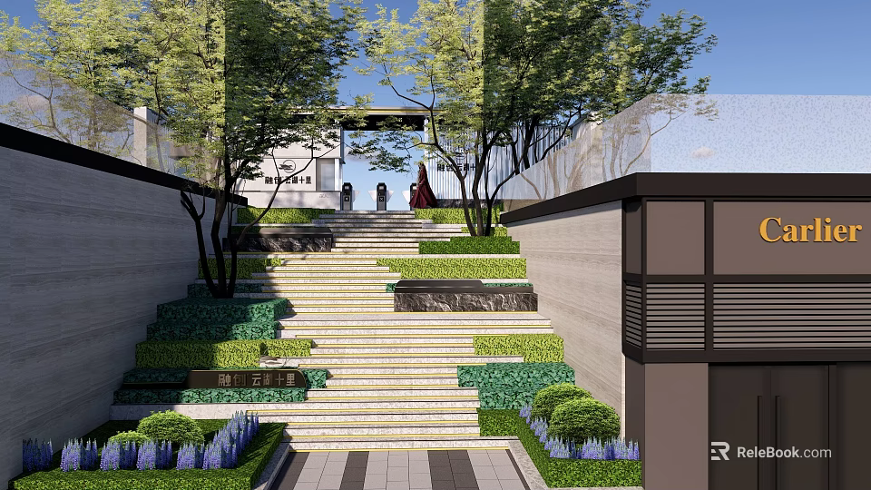 Residential Garden Landscape With Layered Greenery Stone Steps Purple Blooms And Trees 3d model 
